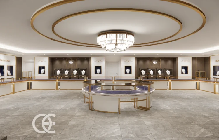 Design intérieur de boutique de bijoux avec mur suspendu