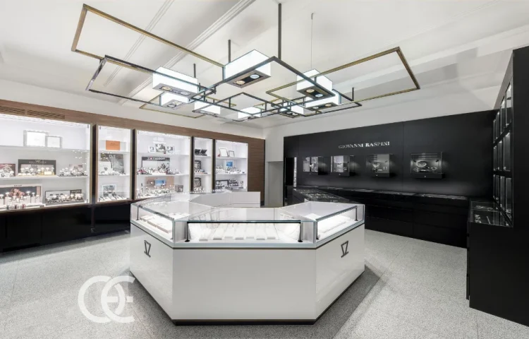 Design minimaliste modulaire pour boutique de bijoux