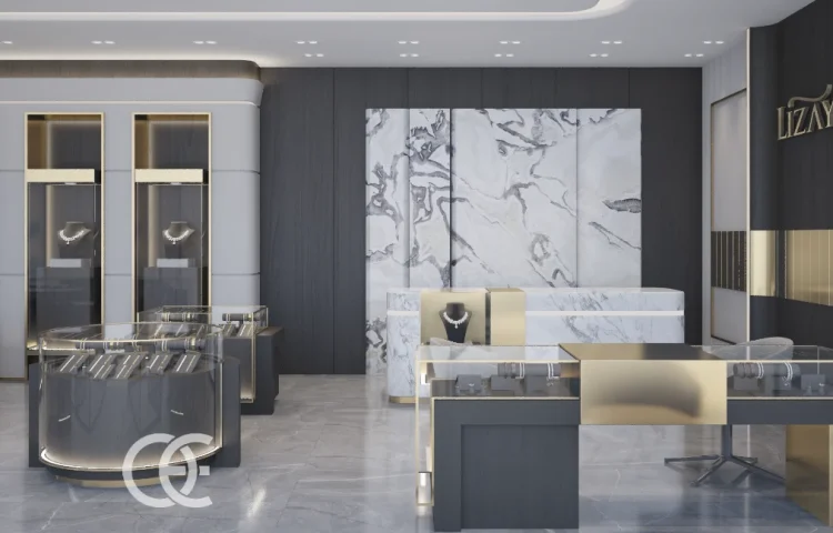 Présentation de la vitrine de la boutique de bijoux avec éclairage en contre-jour